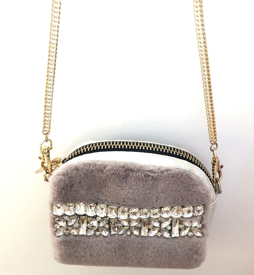 Gray Faux Fur Rhinestone Embellished Mini Crossbody Bag Gold Chain Y2K Glam